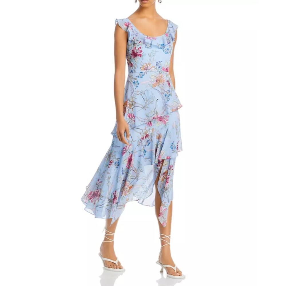 BCBGMAXAZRIA Asymmetric Midi Dress Tiered Ruffle Floral Party Garden Hoco Blue 2